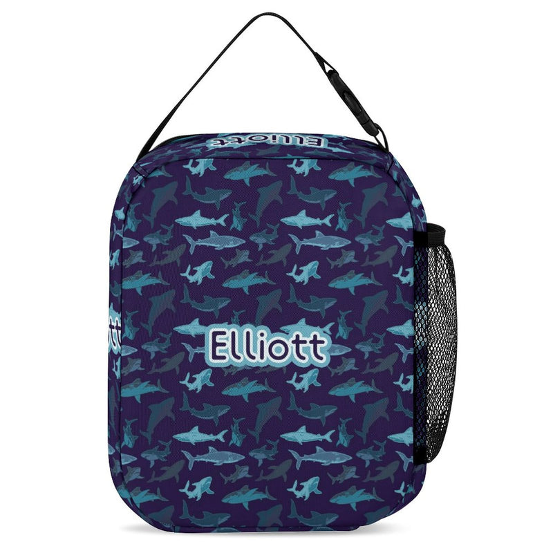 Custom Name&Text Blue Shark 3 in 1 Personalized School Backpack School Lunch Bag Pencil Case