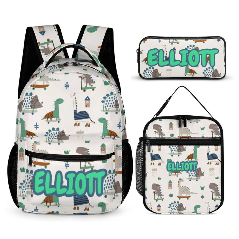 Custom Name&Text Dinosaur 3 in 1 Personalized School Backpack School Lunch Bag Pencil Case