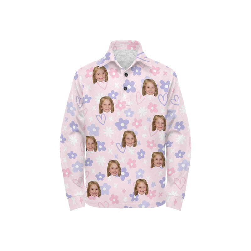 Custom Face Flower Girls' Long Sleeve Polo Shirt