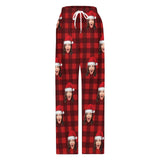 Custom Face Red Plaid Christmas Hat Pajama Pants and Pet Dog Bandana