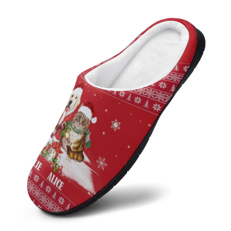 Custom Pet's Photo & Name Christmas Hat Red All Over Print Cotton Slippers For Men Women